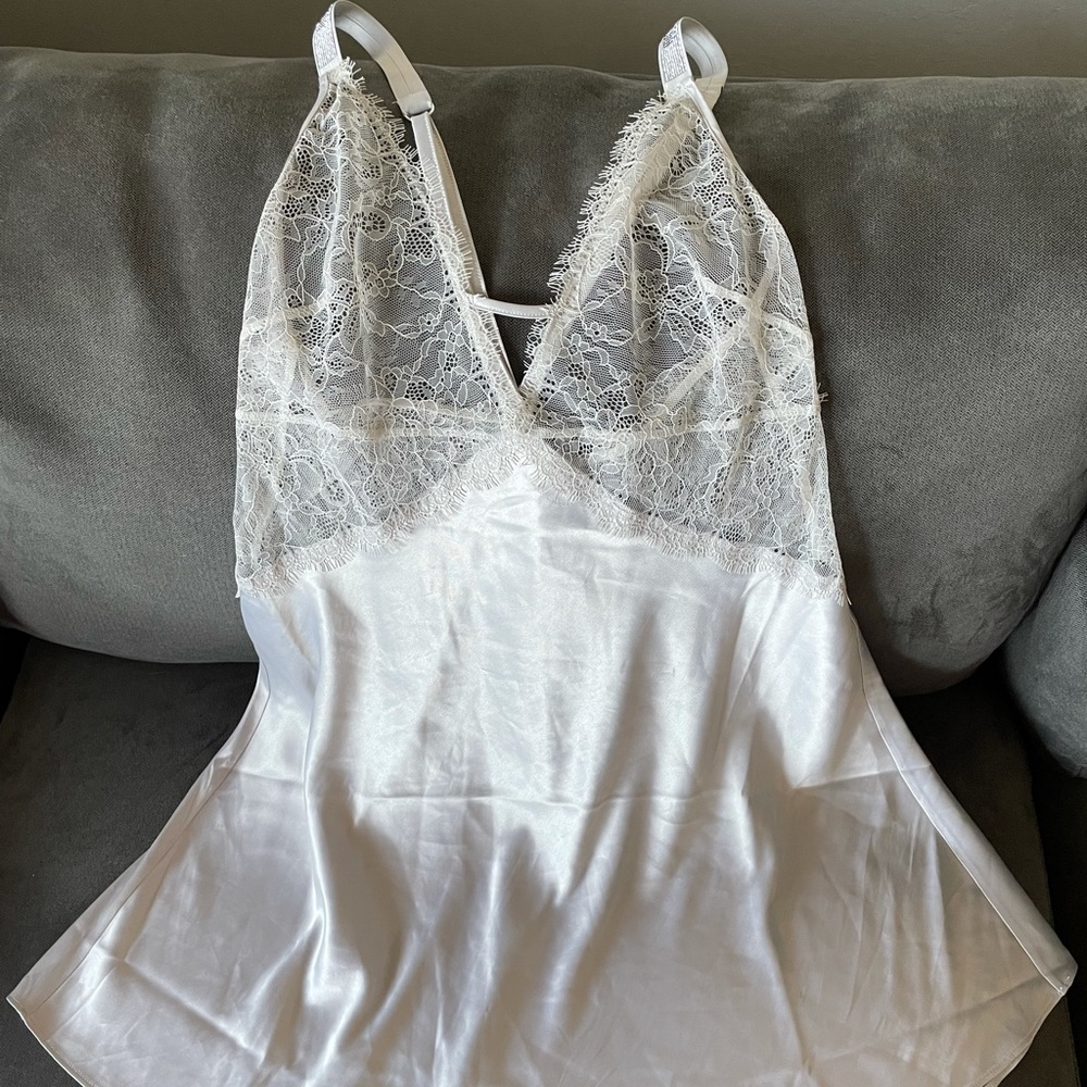 Lingerie Victoria Secret pearl silver silk slip with gems draped on shoulders